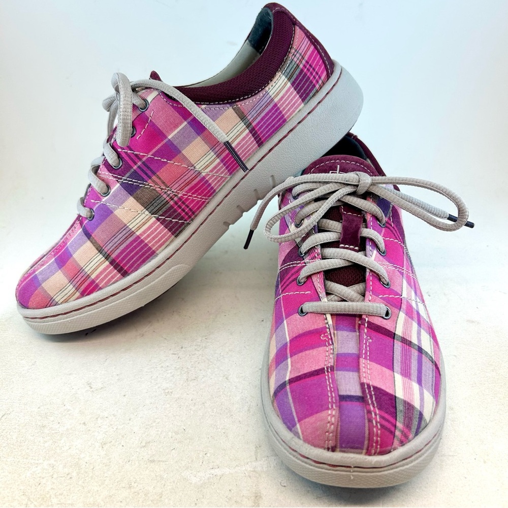 Dansko Pink Purple Plaid Madras Brandi Lace Up Sneakers, size 37 6.5 7